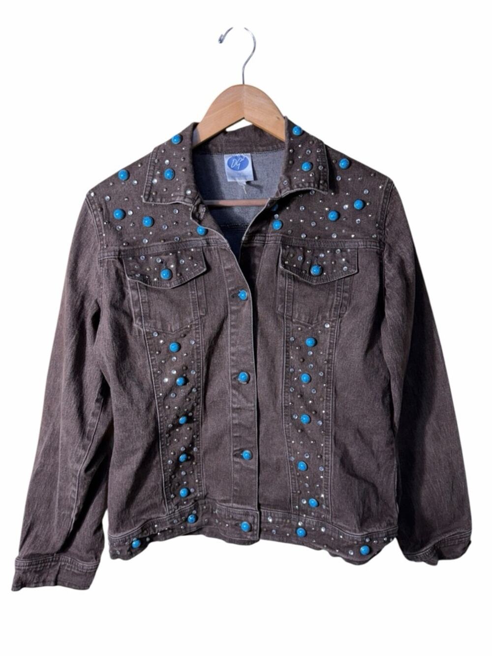 Y2K Studded Denim Brown Western Turquoise Embellished Jacket Size Medium